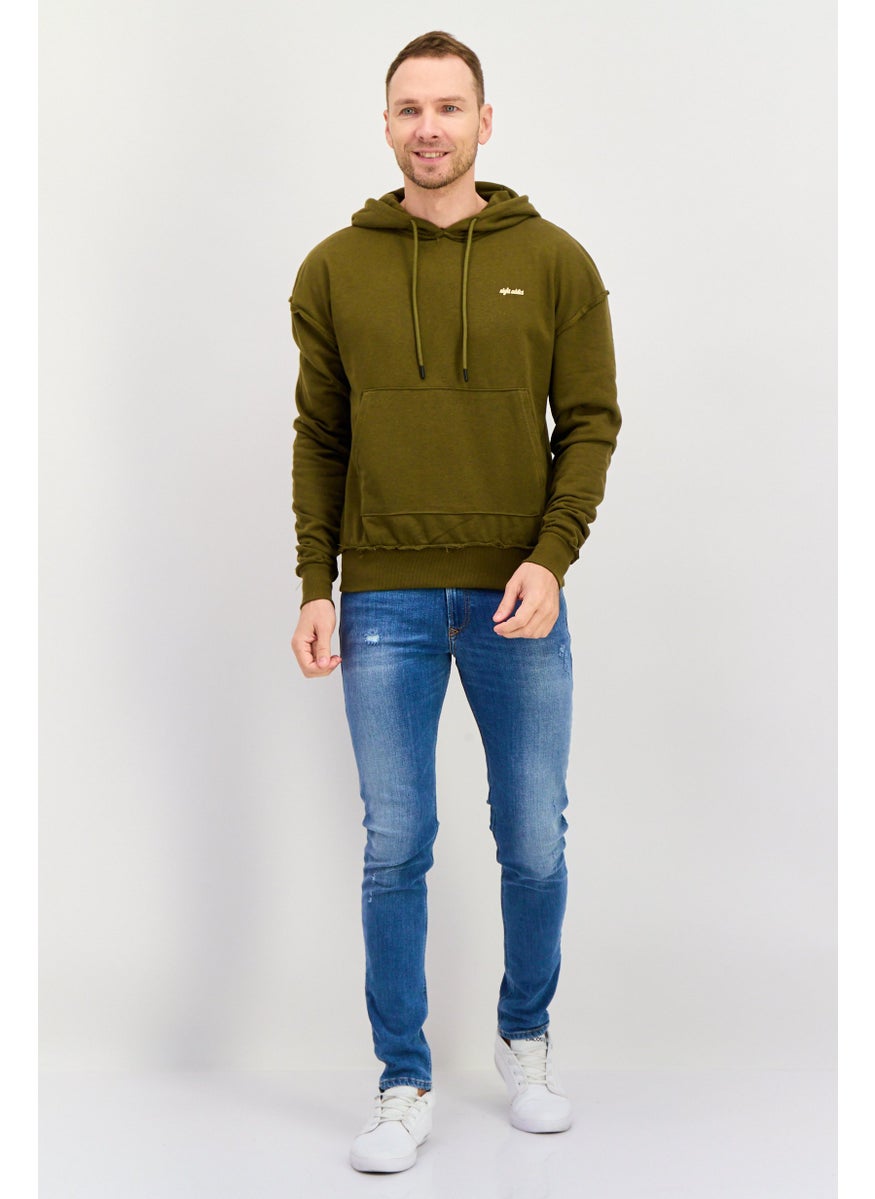 Night Addict Men Hooded Long Sleeves Brand Logo Sweatshirt, Olive  - Image 3