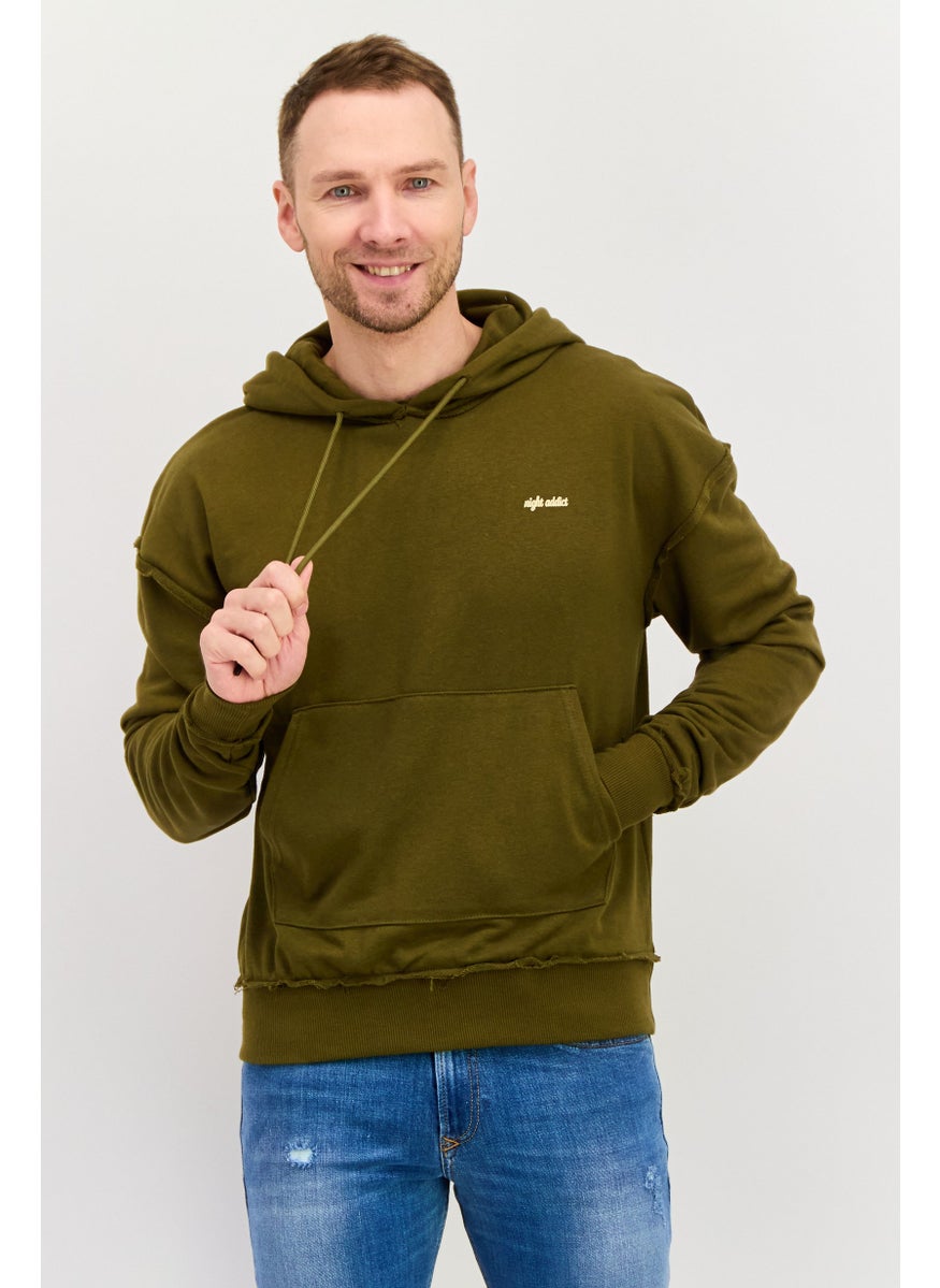 Night Addict Men Hooded Long Sleeves Brand Logo Sweatshirt, Olive  - Image 1