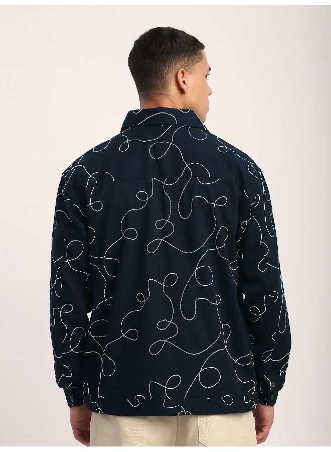 Beyoung Navy Blue Abstract Embroidered Shacket