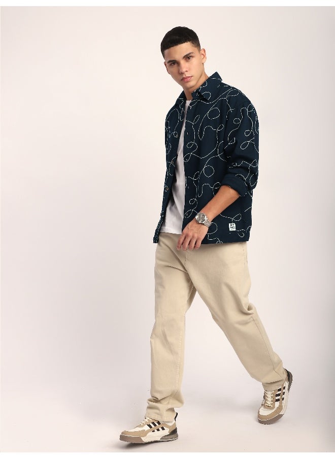 Beyoung Navy Blue Abstract Embroidered Shacket  - Image 4