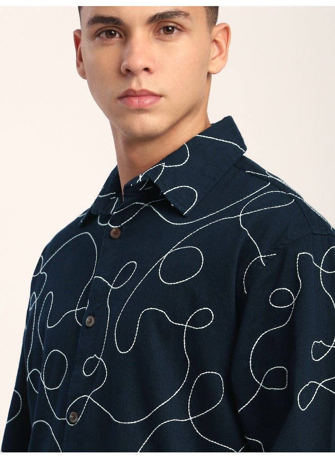 Beyoung Navy Blue Abstract Embroidered Shacket  - Image 5