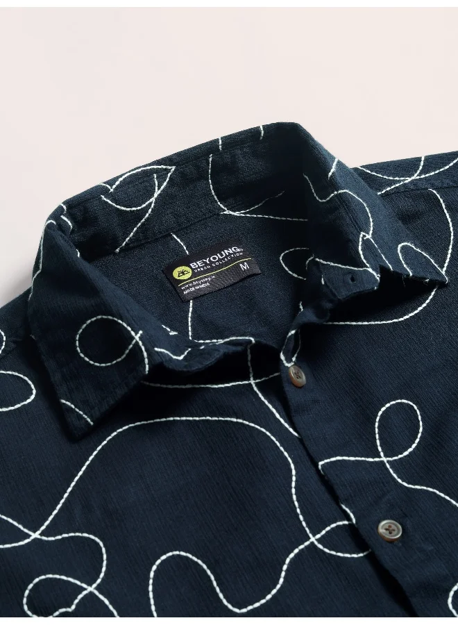 Beyoung Navy Blue Abstract Embroidered Shacket