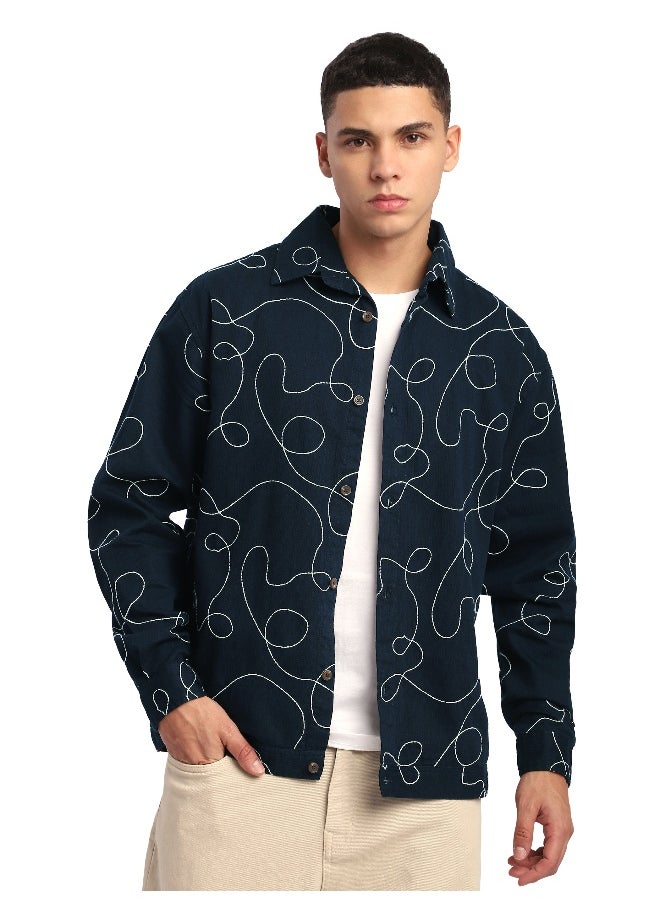 Beyoung Navy Blue Abstract Embroidered Shacket  - Image 1