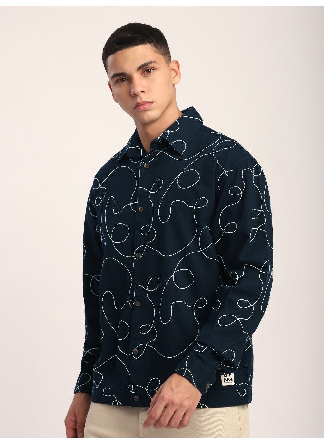 Beyoung Navy Blue Abstract Embroidered Shacket  - Image 3