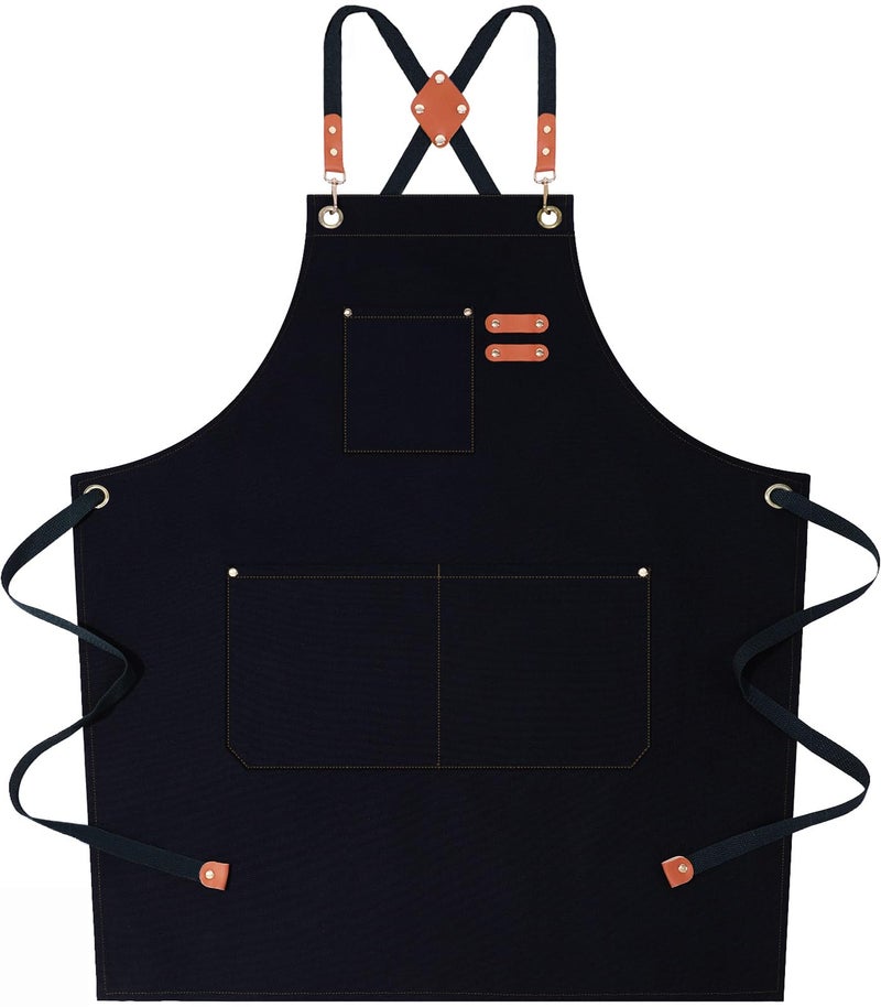 AFUN Chef Aprons for Women Men with Large Pockets Cotton Canvas Cross Back Water Repellent Work Apron Size M to XXL Black