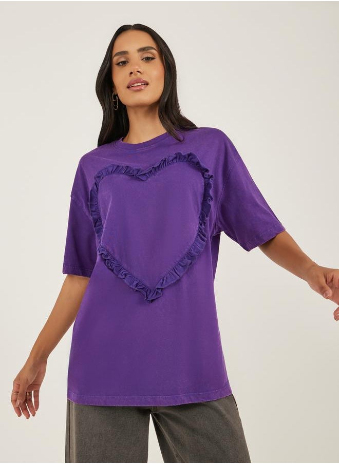 Styli Acid Washed Ruffled Heart Design Oversized T-Shirt  - Image 1