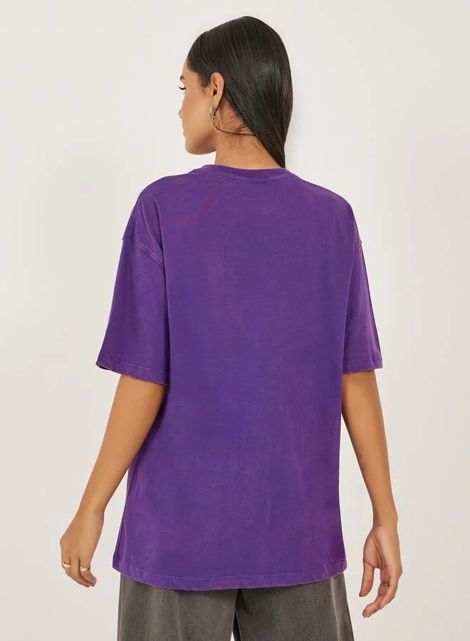 Styli Acid Washed Ruffled Heart Design Oversized T-Shirt