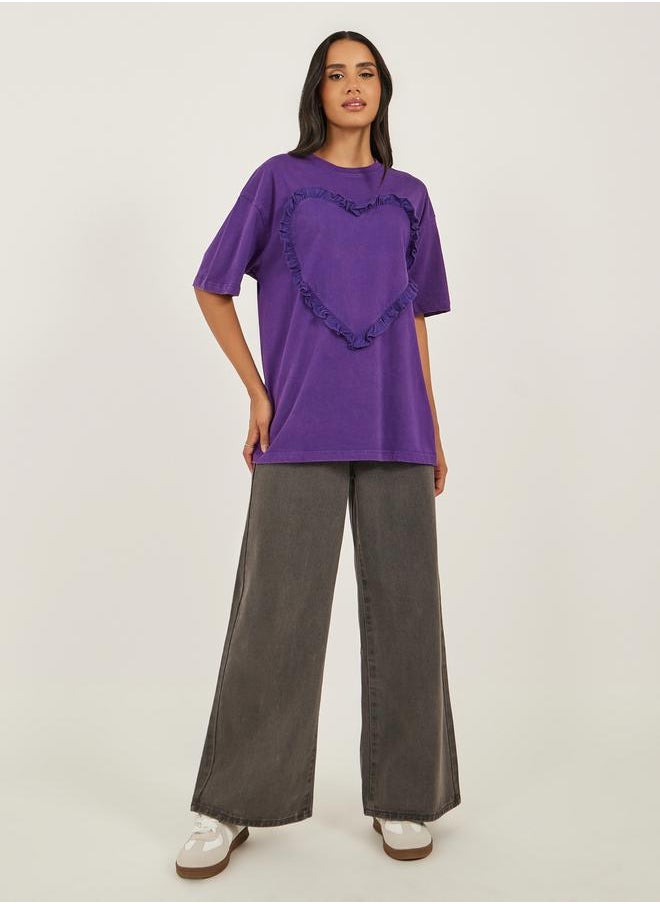 Styli Acid Washed Ruffled Heart Design Oversized T-Shirt  - Image 2