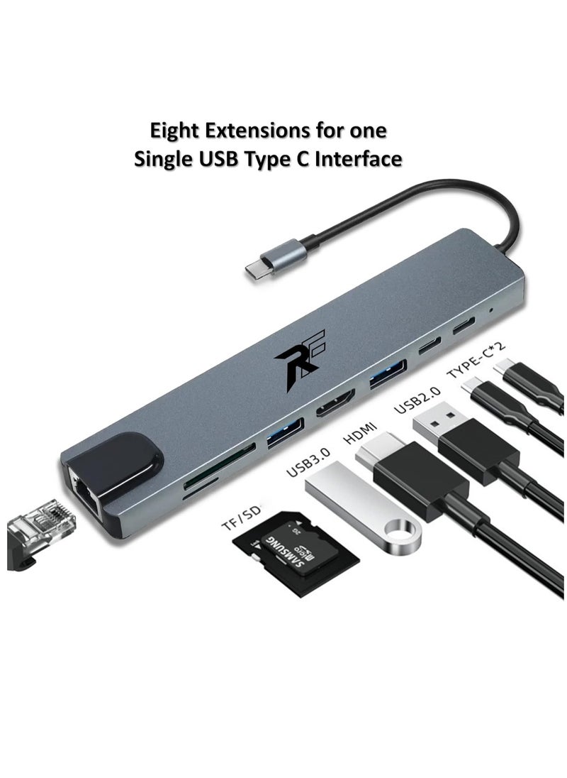 REX - REXFYDIOUS USB C Docking Station 8 in 1 Multiport Adapter RJ45 Ethernet Adapter, 100 W PD, LAN Hub USB C Dock, USB C Hub 4K HDMI for Windows Android MacBook (Grey 100W/10Gbps Cable) - Image 1
