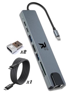 REXFYDIOUS USB C Docking Station 8 in 1 Multiport Adapter RJ45 Ethernet Adapter, 100 W PD, LAN Hub USB C Dock, USB C Hub 4K HDMI for Windows Android MacBook (Grey 100W/10Gbps Cable)