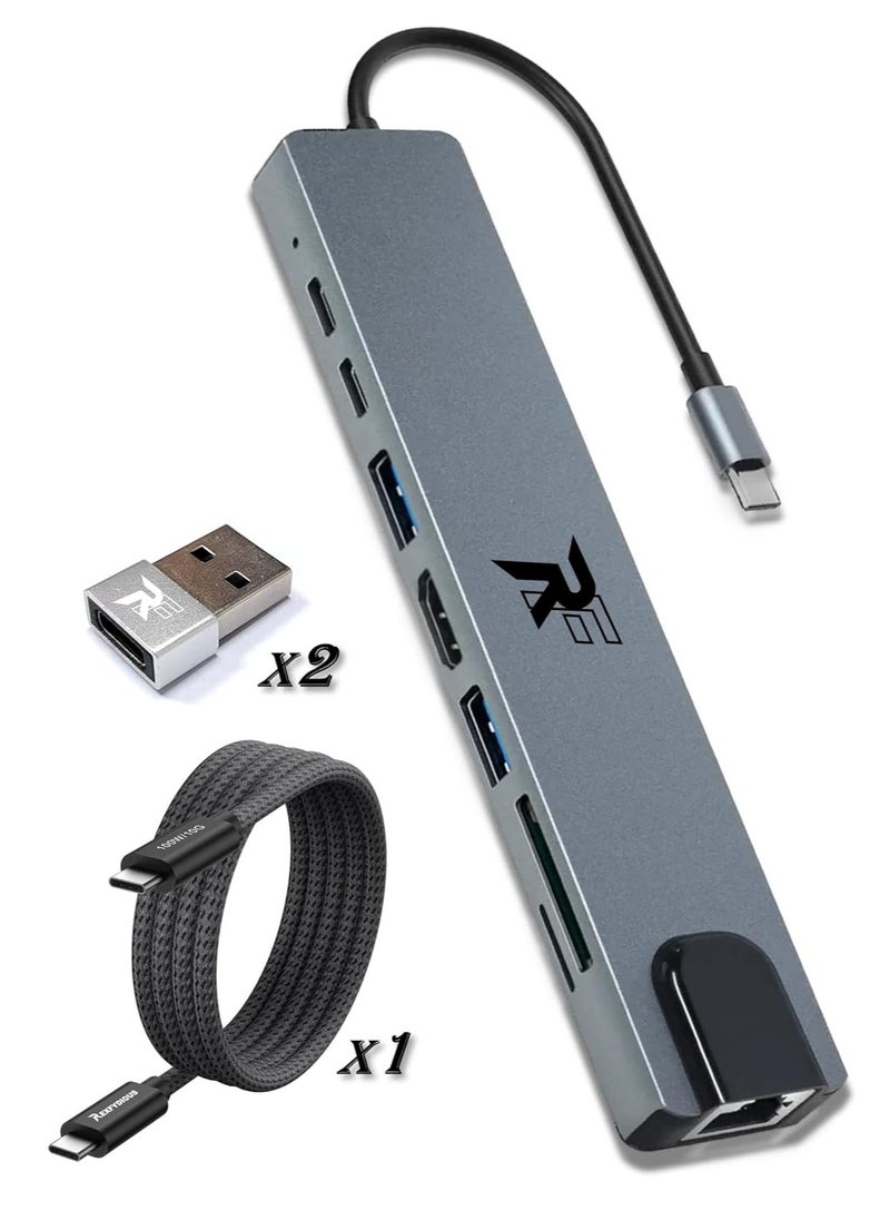 REX - REXFYDIOUS USB C Docking Station 8 in 1 Multiport Adapter RJ45 Ethernet Adapter, 100 W PD, LAN Hub USB C Dock, USB C Hub 4K HDMI for Windows Android MacBook (Grey 100W/10Gbps Cable) - Image 1