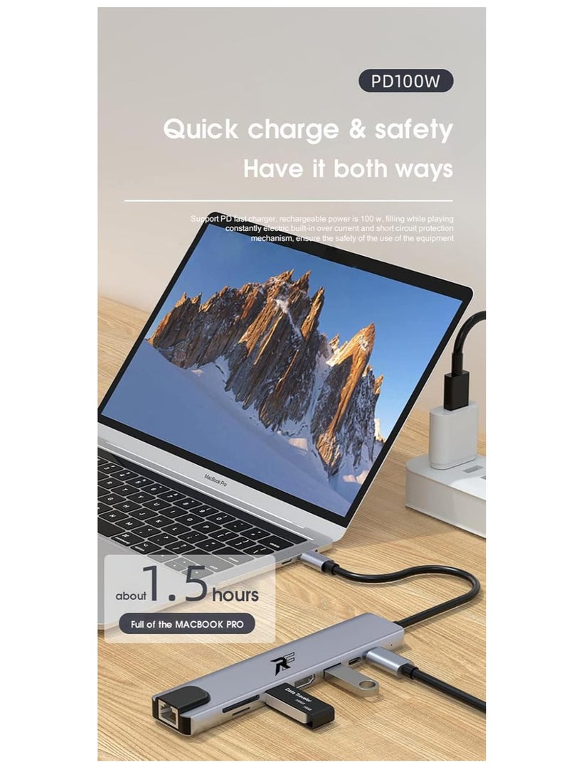 REX - REXFYDIOUS USB C Docking Station 8 in 1 Multiport Adapter RJ45 Ethernet Adapter, 100 W PD, LAN Hub USB C Dock, USB C Hub 4K HDMI for Windows Android MacBook (Grey 100W/10Gbps Cable) - Image 1