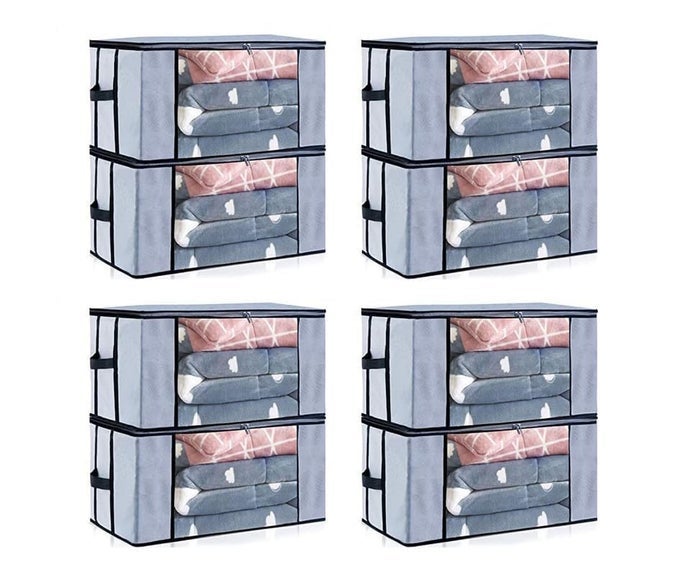 UNDERBED BLANKET STORAGE BAG FOR WARDROBE ORGANIZER BLANKET COVER WITH A LARGE TRANSPARENT WINDOW AND SIDE HANDLES ZIPPER CLOSURE PROTECT FROM DUSTPACK OF 8GREY