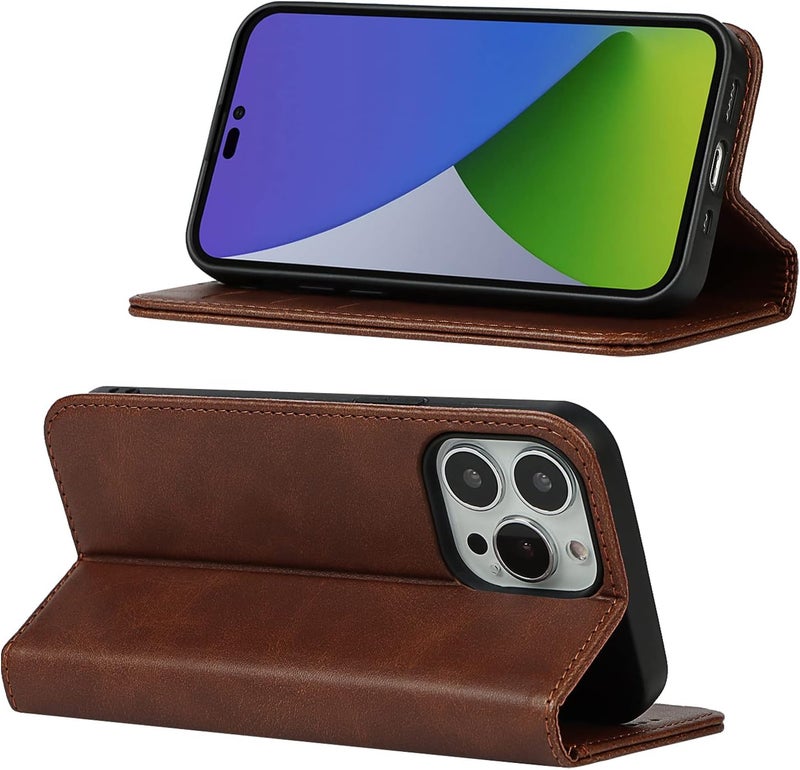 iCoverCase for iPhone 15 Pro Wallet Case with Card Holder, PU Leather Magnetic Kickstand Feature Shockproof Protective Flip Cover Case - Dark Brown - Image 3