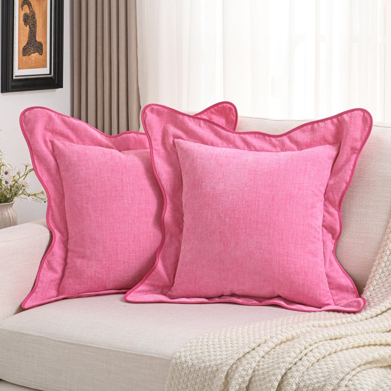 FUTEI Hot Pink Decorative Throw Pillow Covers 18x18 Inch Set of 2Double Stitch Scalloped Bordered Soft Chenille Cushion CasesModern Home Decor for Couch Bed Living Room