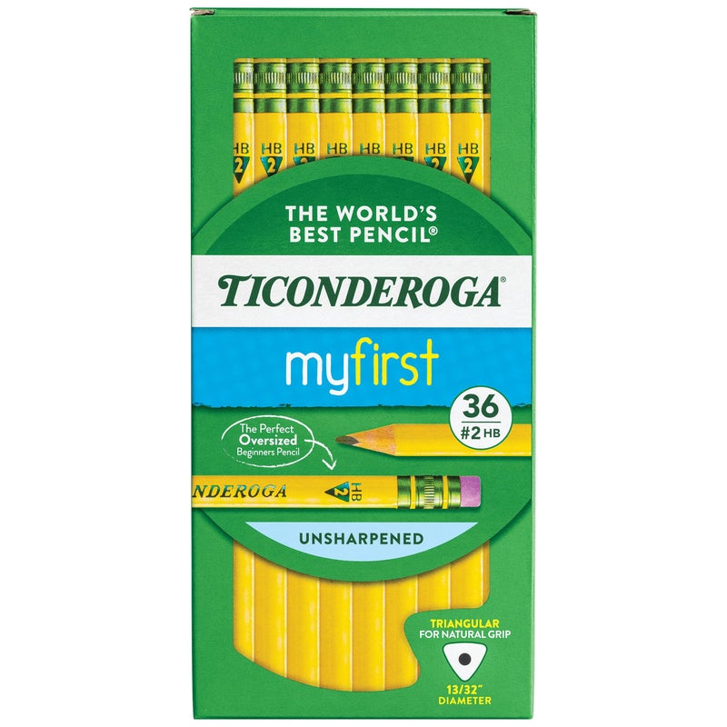Ticonderoga My First Tri-Write Wood-Cased Pencils, Unsharpened, 2 HB Soft, With Erasers, Yellow, 36 Count - Image 1