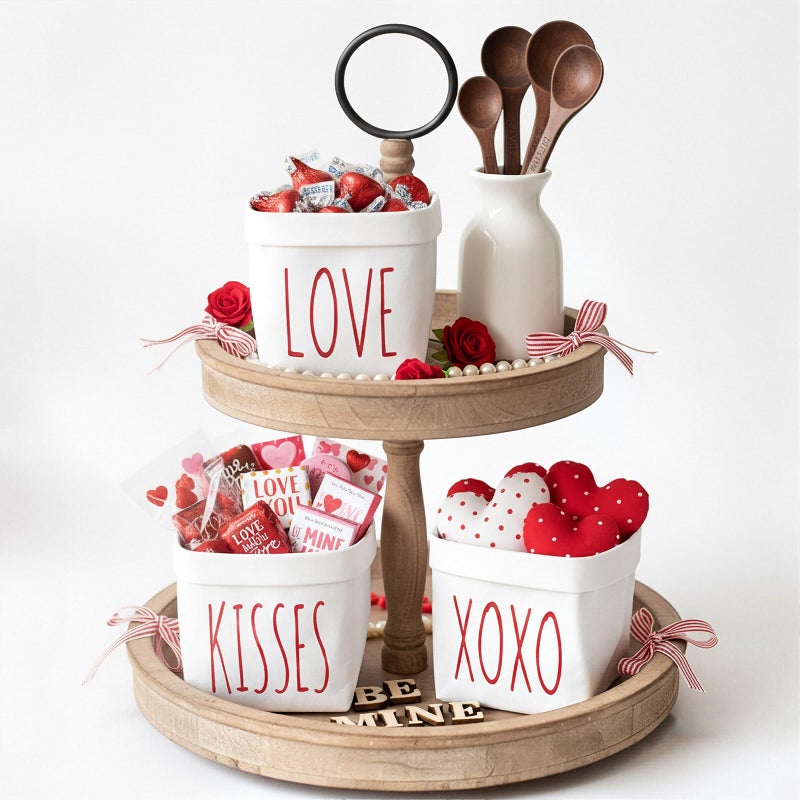 FoldTier 3 Pcs Valentine's Day Candy Dish Small Serving Bowls Farmhouse Tiered Tray Decor Rustic Candy Pot Washable Paper Valentines Tabletop Centerpiece for Table Shelf Decorations Gift - Image 3