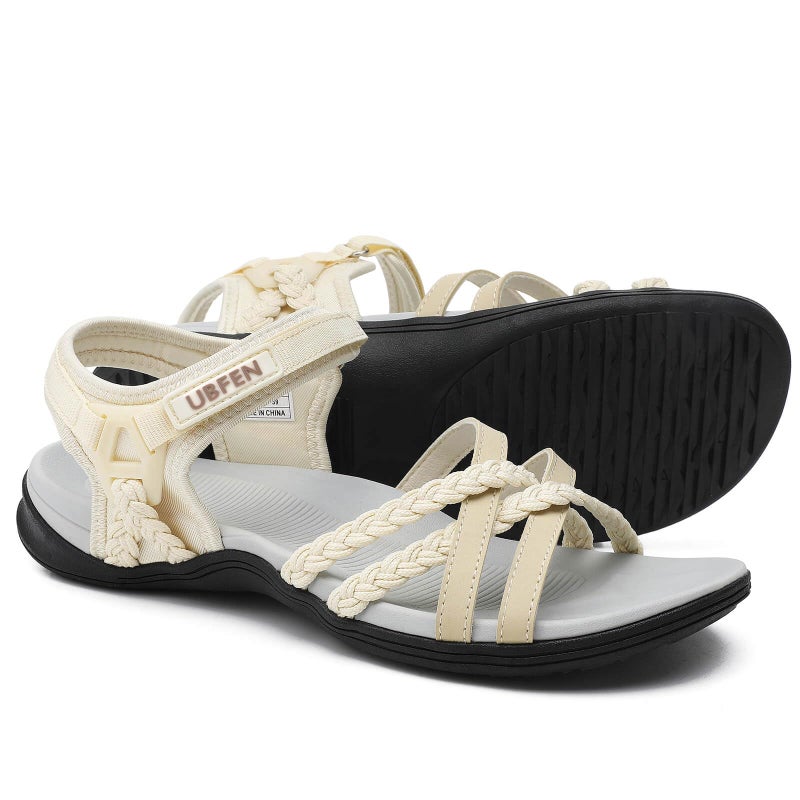 UBFEN Womens Hiking Comfort Sport Sandals Beach Vacation Camping Casual Sport Sandals with Adjustable Straps and Arch Support Size US 8.5 Beige - Image 1