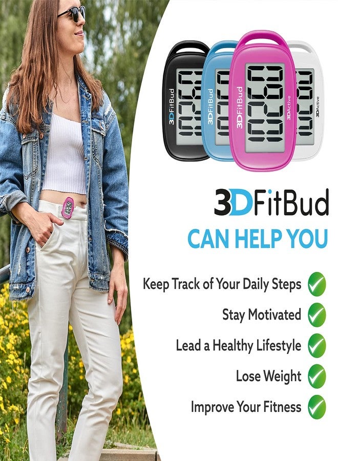 3دي أكتيف عداد خطوات 3DFitBud البسيط ثلاثي الأبعاد من 3DActive مع مشبك وحبل، عداد خطوات دقيق، شاشة كبيرة، سهل الاستخدام للأطفال والرجال والنساء وكبار السن، تتبع الخطوات اليومية - A420S - وردي - Image 4