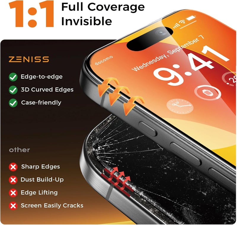 Zeniss NeverBreak 9H+ Hardness for iPhone 15 Screen Protector 12FT Military Grade Protection (Scratch, Shatter, Drop Resistance) 15 Tempered Glass Full Edge Coverage Case Friendly 6.1" 2 Pack - Image 4