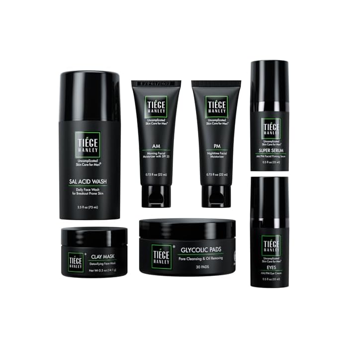 Tiege Hanley Skin Care Set for Men, Anti Aging Routine for Oily & Combination Skin, Level 3, Salicylic Face Wash, Glycolic Pads, Moisturizers, Clay Mask, Eye Cream, Serum, Men’s Skin Care, 7 Piece Kit