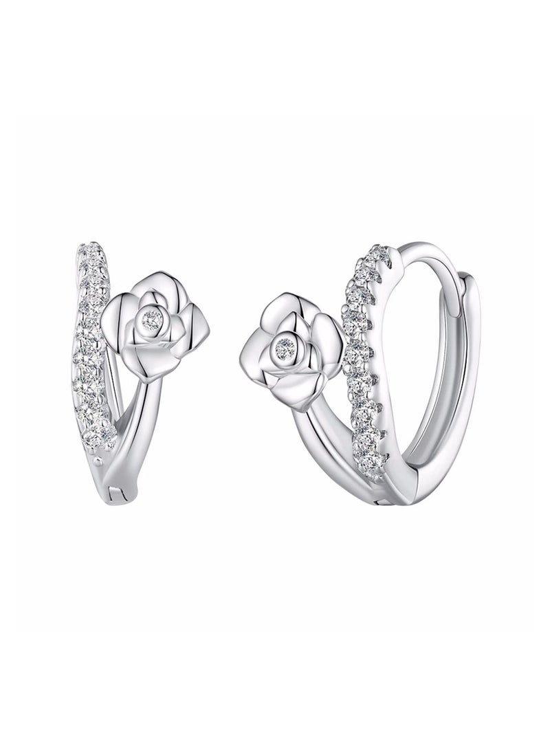 Excefore Flower Split Huggie Earrings for Women, 925 Sterling Silver Flower Zirconia Small Hoop Earrings, Hypoallergenic Lightweight Earrings for Women Grils Jewelry Gift - Image 1