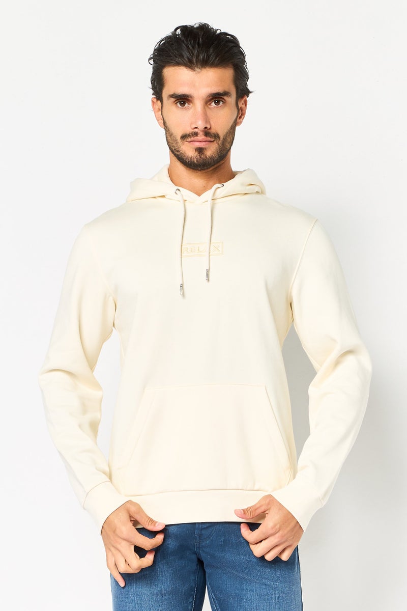 Celio Men Embroidered Long Sleeve Hoodie, Ivory - Image 1