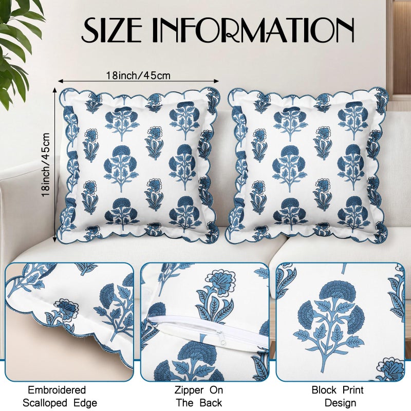 BrightRow 2 Pcs Scalloped Floral Block Print Pillow Cover 18 x 18 Inch Scallop Pillow Cover Grandmillennial Style Indoor Outdoor Scalloped Throw Home Decor (Classic) - Image 3
