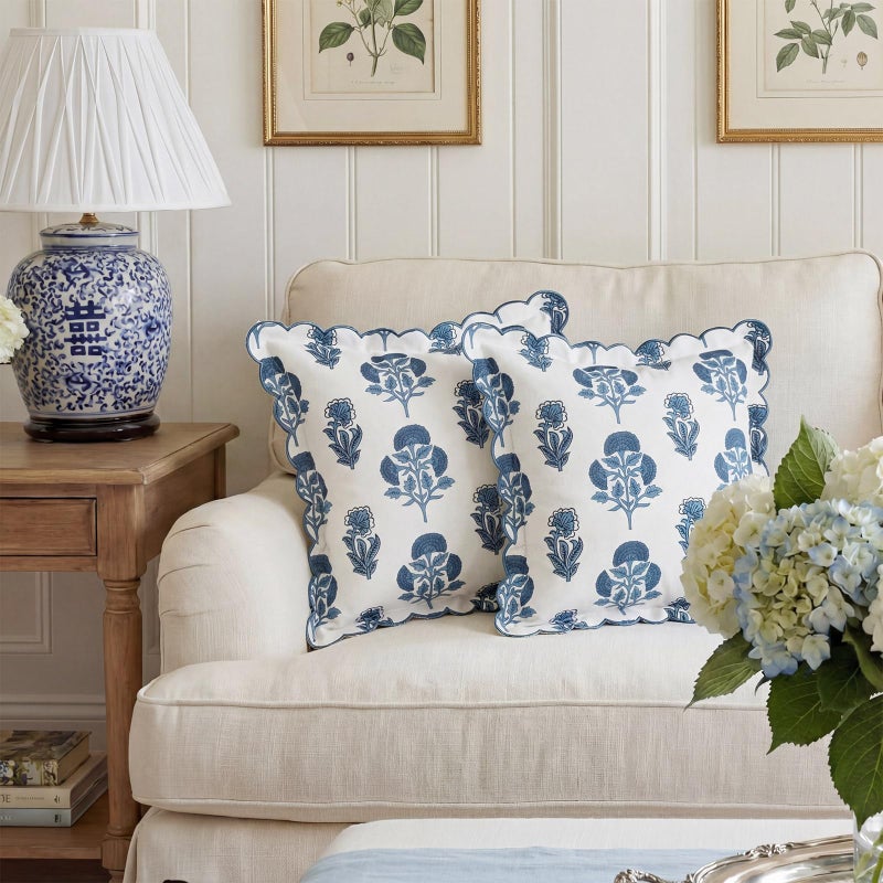BrightRow 2 Pcs Scalloped Floral Block Print Pillow Cover 18 x 18 Inch Scallop Pillow Cover Grandmillennial Style Indoor Outdoor Scalloped Throw Home Decor (Classic) - Image 1