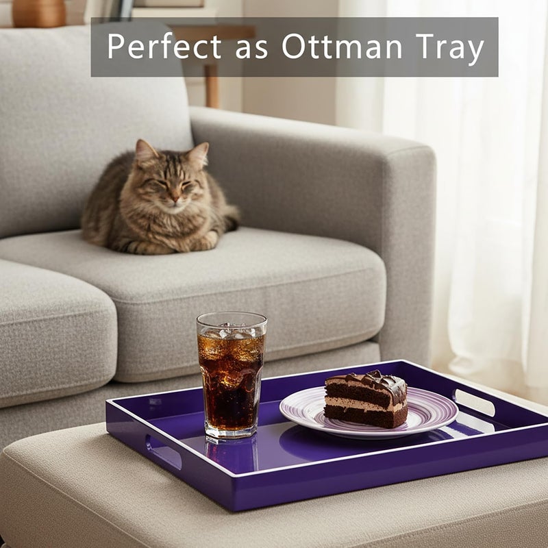 Simmer Stone Decorative Tray, Rectangle Plastic with Handles, Modern Vanity and Serving for Ottoman, Coffee table, Kitchen and Bathroom, 15.6" x 10.2" x 1.5" (White border purple) - Image 2