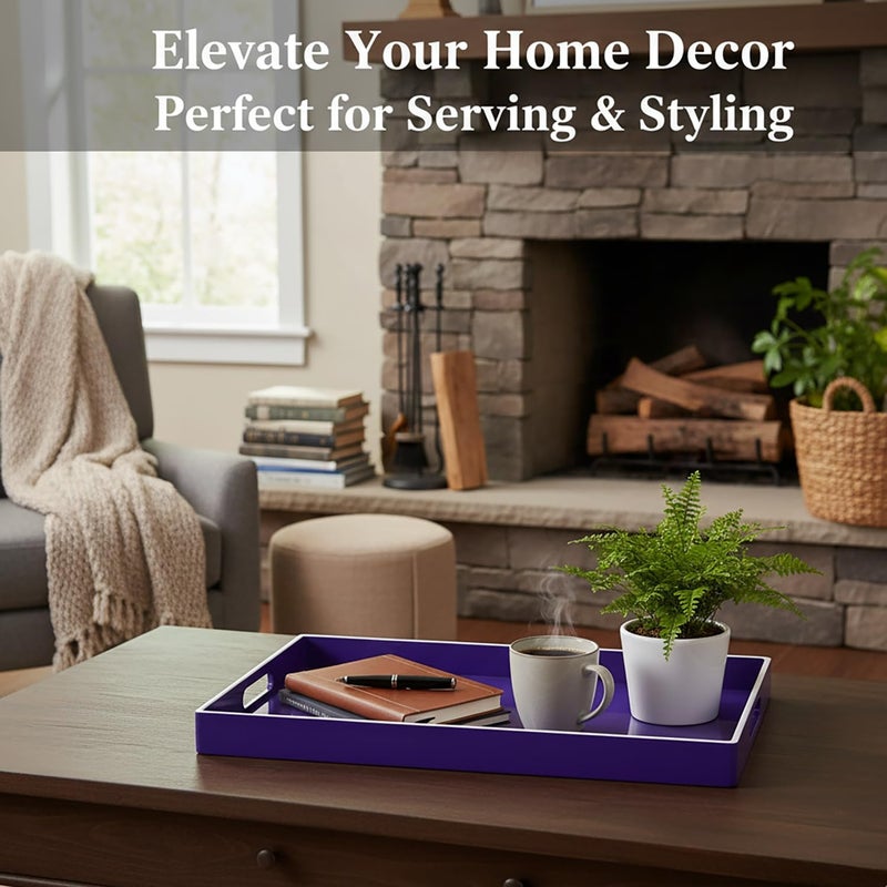 Simmer Stone Decorative Tray, Rectangle Plastic with Handles, Modern Vanity and Serving for Ottoman, Coffee table, Kitchen and Bathroom, 15.6" x 10.2" x 1.5" (White border purple) - Image 5