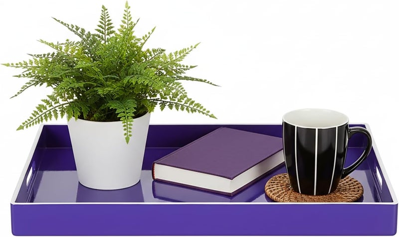 Simmer Stone Decorative Tray, Rectangle Plastic with Handles, Modern Vanity and Serving for Ottoman, Coffee table, Kitchen and Bathroom, 15.6" x 10.2" x 1.5" (White border purple) - Image 1
