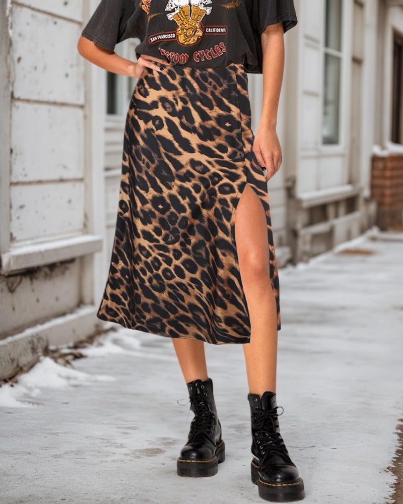 Yewanka Women's Side Slit A Line Satin Midi Skirt Elastic High Waisted Cheetah Leopard Print Silk Long Skirts for Women - Image 3