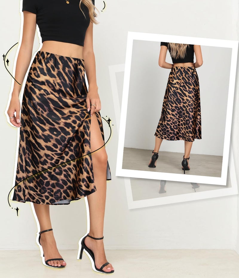 Yewanka Women's Side Slit A Line Satin Midi Skirt Elastic High Waisted Cheetah Leopard Print Silk Long Skirts for Women - Image 4