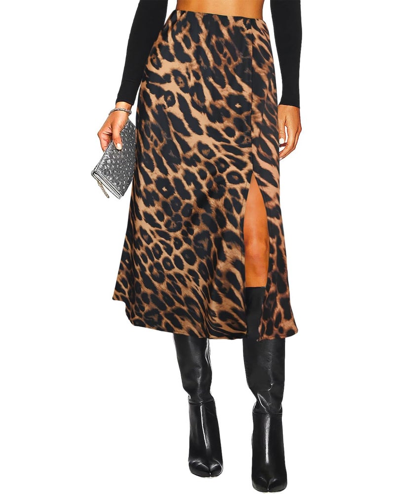 Yewanka Women's Side Slit A Line Satin Midi Skirt Elastic High Waisted Cheetah Leopard Print Silk Long Skirts for Women - Image 1