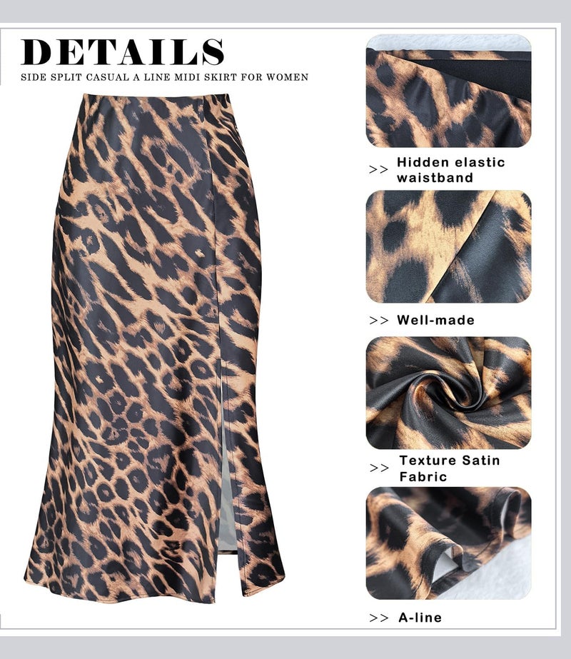 Yewanka Women's Side Slit A Line Satin Midi Skirt Elastic High Waisted Cheetah Leopard Print Silk Long Skirts for Women - Image 5