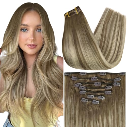 Full Shine Human Hair Extensions Clip ins 18 Inch Straight Remy Hair Clip in Extensions Light Brown Ombre Brown Mix Platinum Blonde Invisible Natural Hair Extensions 7 Pcs 120 G