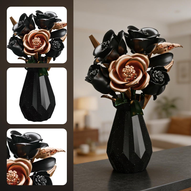 APENGBAOL Black Roses Flower Bouquet Building Set with Vase - 255 Pcs Botanical Collection with Rose Gold Accent Artificial Floral Centerpiece Gothic Home Decor Gift for Adults - Image 3