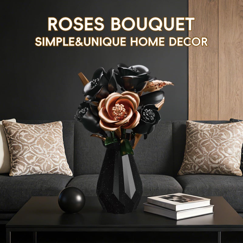 APENGBAOL Black Roses Flower Bouquet Building Set with Vase - 255 Pcs Botanical Collection with Rose Gold Accent Artificial Floral Centerpiece Gothic Home Decor Gift for Adults - Image 5