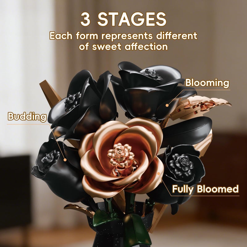 APENGBAOL Black Roses Flower Bouquet Building Set with Vase - 255 Pcs Botanical Collection with Rose Gold Accent Artificial Floral Centerpiece Gothic Home Decor Gift for Adults - Image 4