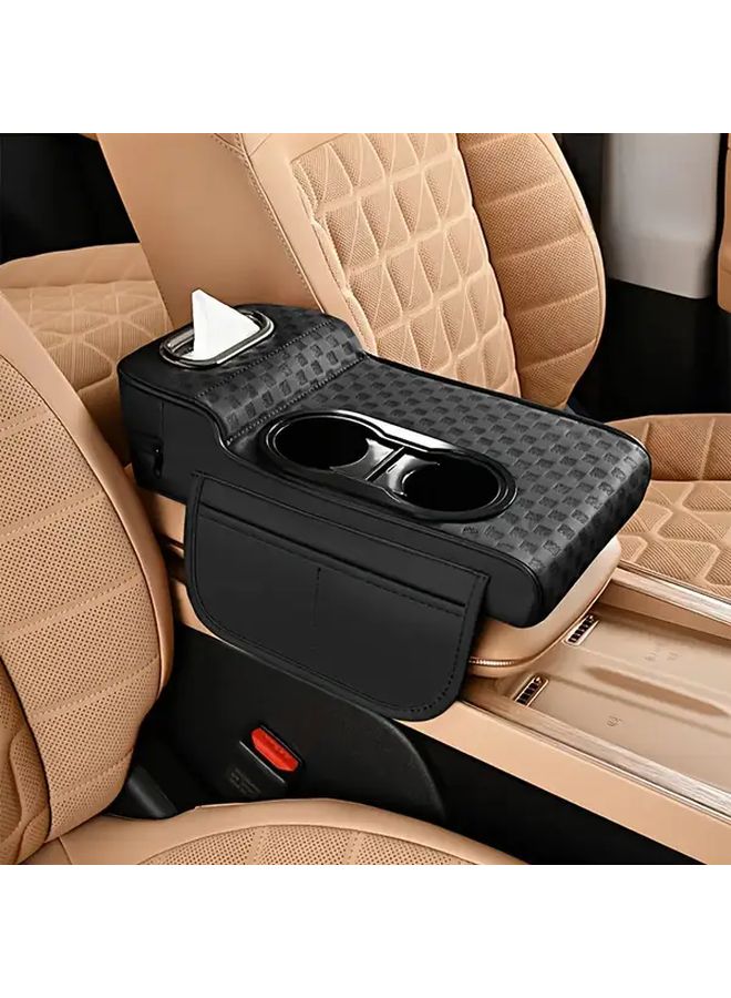 5 In 1 Black Faux Leather Car Armrest Cushion With Tissue Box Cup Holder Storage Bag - Image 5