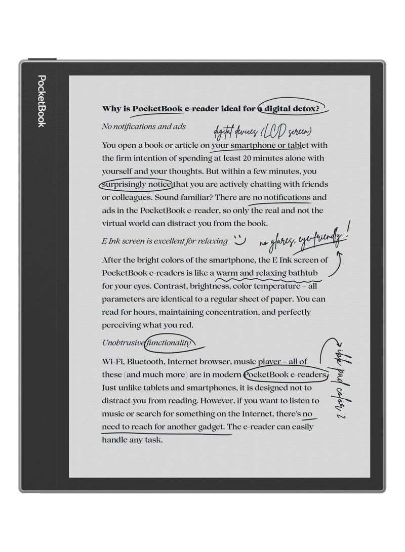 PocketBook INKPAD EO | 10.3" Color E Ink Kaleido 3 screen | Handwriting & Stylus | Easy notes sharing | Android 11 | Camera for notes on photos | Bluetooth & built-in speaker | Audiobooks | SMARTlight – Grey  - Image 3