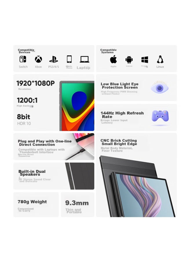 Arzopa 16.1-inch 144hz Portable Monitor, Direct Connection To Laptop And Smartphone, Secondary Display For Switch And Ps4/5, G1c - Image 3