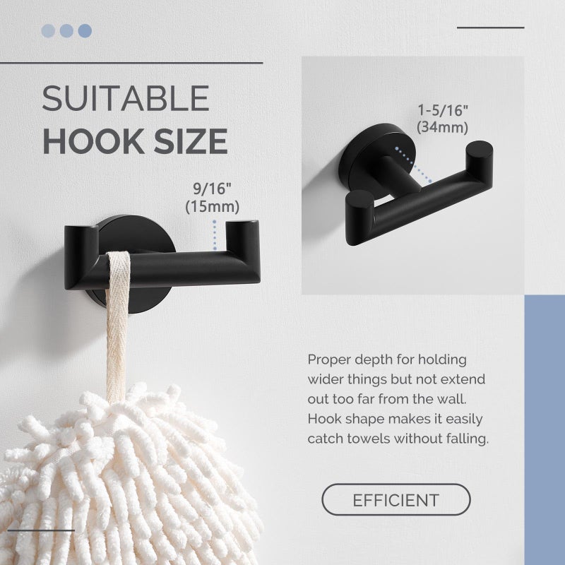 Angle Simple Double Towel Hook, Stainless Steel Bathroom Hand Towel Holder, Coat Hook for Wall, Matte Black - Image 4