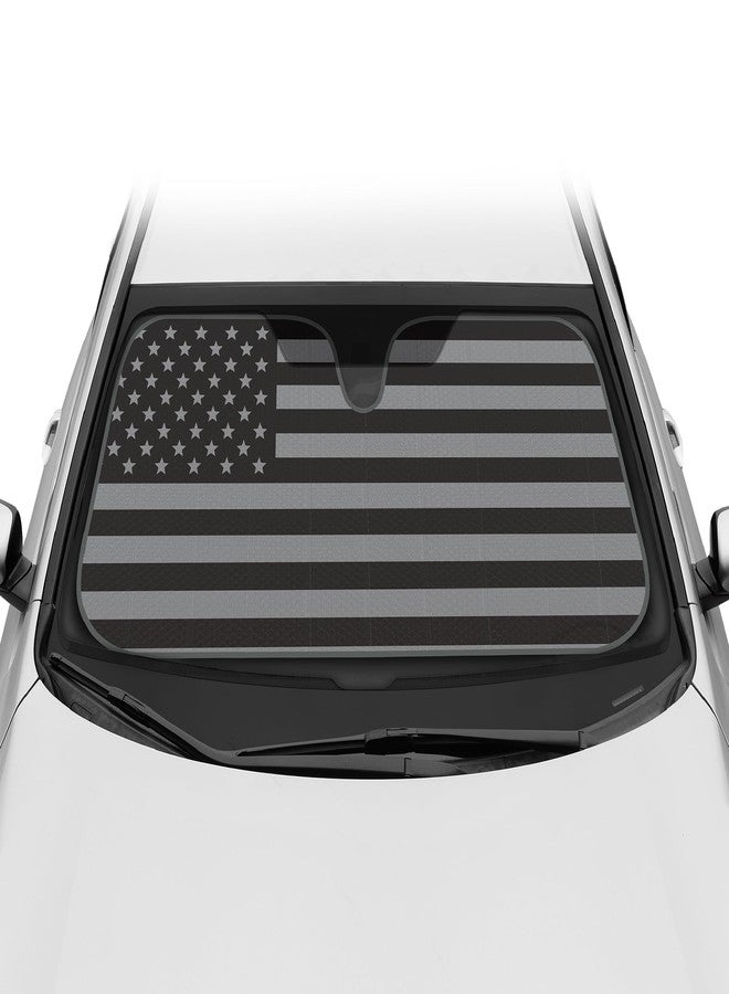 BDK USA 4th of July American Flag Black Curved Accordion Sun Visor for Car Windshield Cover - Truck Window Shades Car Flag & Sun Visor for Truck Windshield Sunshade - 58 x 27 inches - Image 1