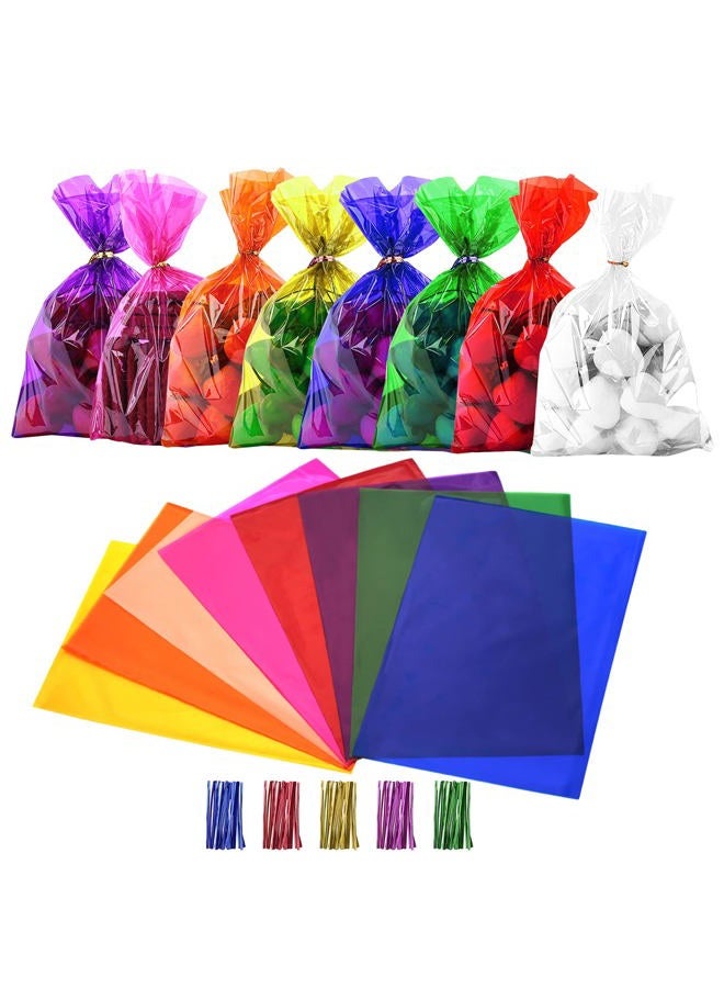 Cinvo 160 Pcs Colored Cellophane Bags with Twist Ties Cello Treat Bags for Bakery Popcorn Cookies Candy Dessert Party Halloween Christmas Supplies (8 Colors, 6x 9 Inch) - Image 1