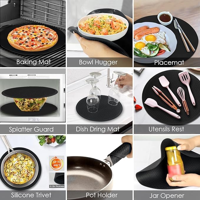 EZYHOME 3Pcs Multi-Purpose Silicone Microwave Mat Protect from Spill Overs, Splatter Guard, Trivet, Hot Pad, Hot Pot Holders, Jar Opener, Dishwasher Safe Heat Resistant (20cm, 25cm & 30cm) - Image 5