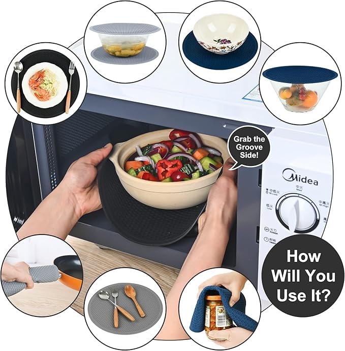 EZYHOME 3Pcs Multi-Purpose Silicone Microwave Mat Protect from Spill Overs, Splatter Guard, Trivet, Hot Pad, Hot Pot Holders, Jar Opener, Dishwasher Safe Heat Resistant (20cm, 25cm & 30cm) - Image 3