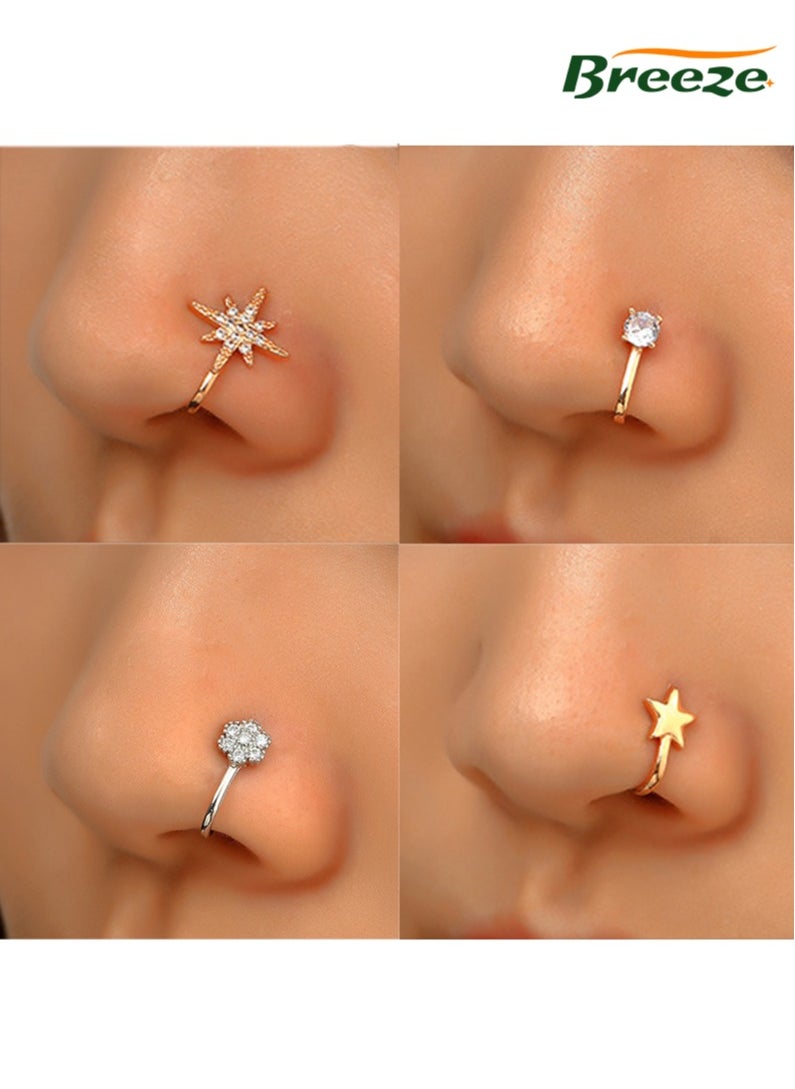 Breeze - 5-piece set of women's jewelry, star, moon, diamond, no piercing, personalized U-shaped nose clip - Image 1