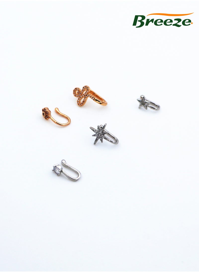Breeze - 5-piece set of women's jewelry, star, moon, diamond, no piercing, personalized U-shaped nose clip - Image 1